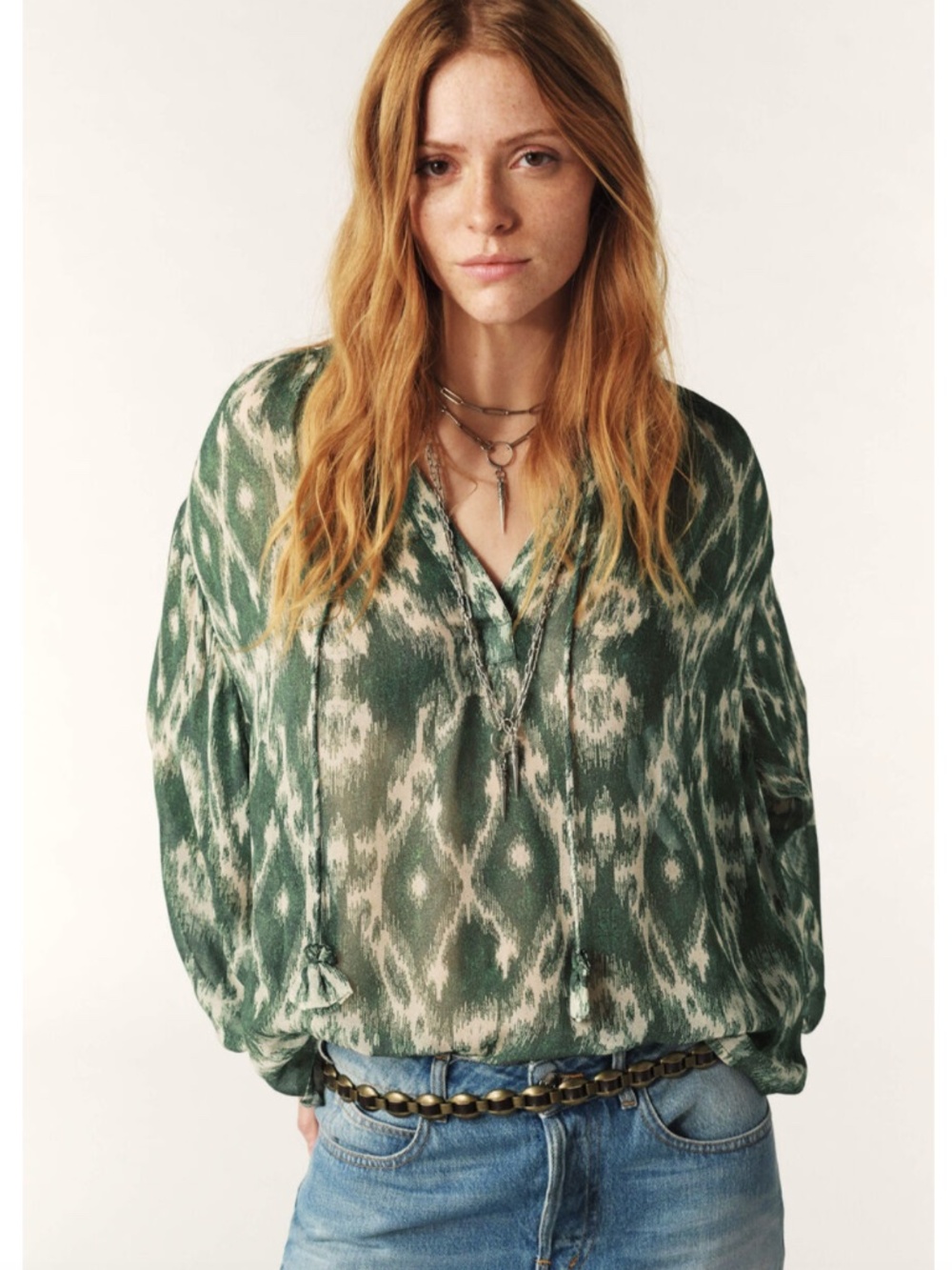 NWT Ba&sh Menaelle kaki blouse Loose fitting, green and cream  - M